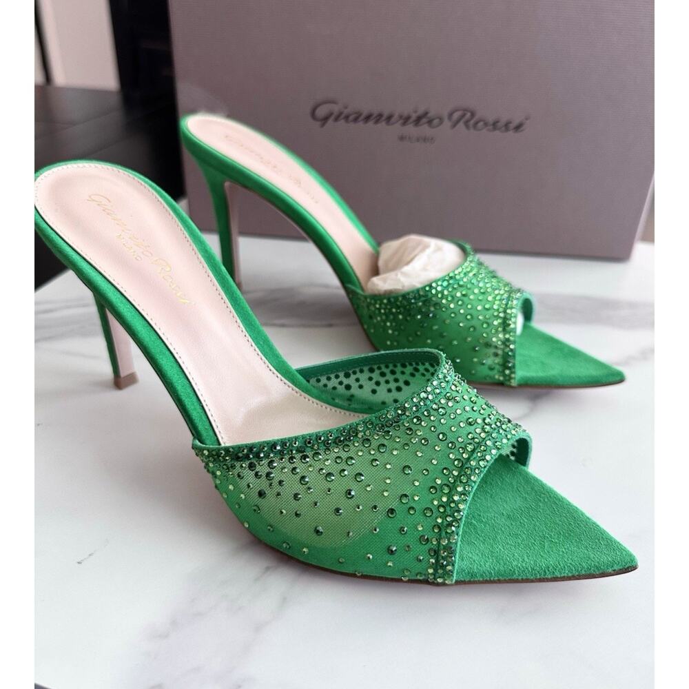 Gianvito Rossi Rania Mule 85 Green Organza Silk Suede Heels EU 38.5 NWT